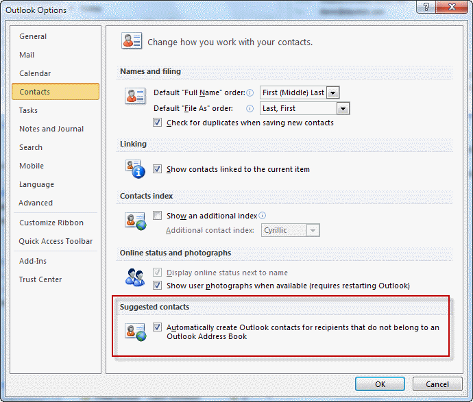 Cannot send messages using address book using Outlook 2010